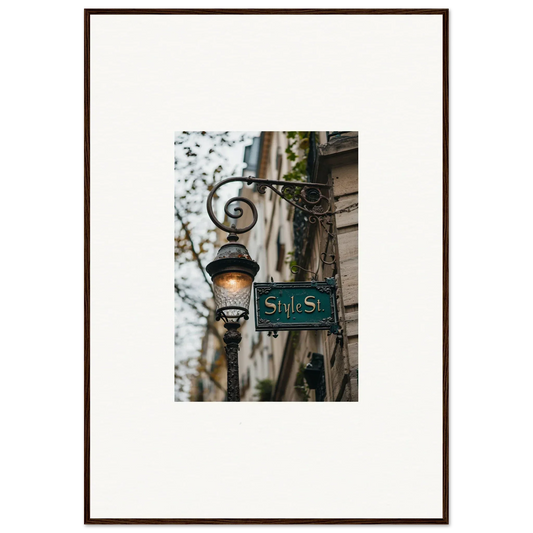 Ornate street lamp with green St. St. sign for your Ethereal Street Whispers canvas print