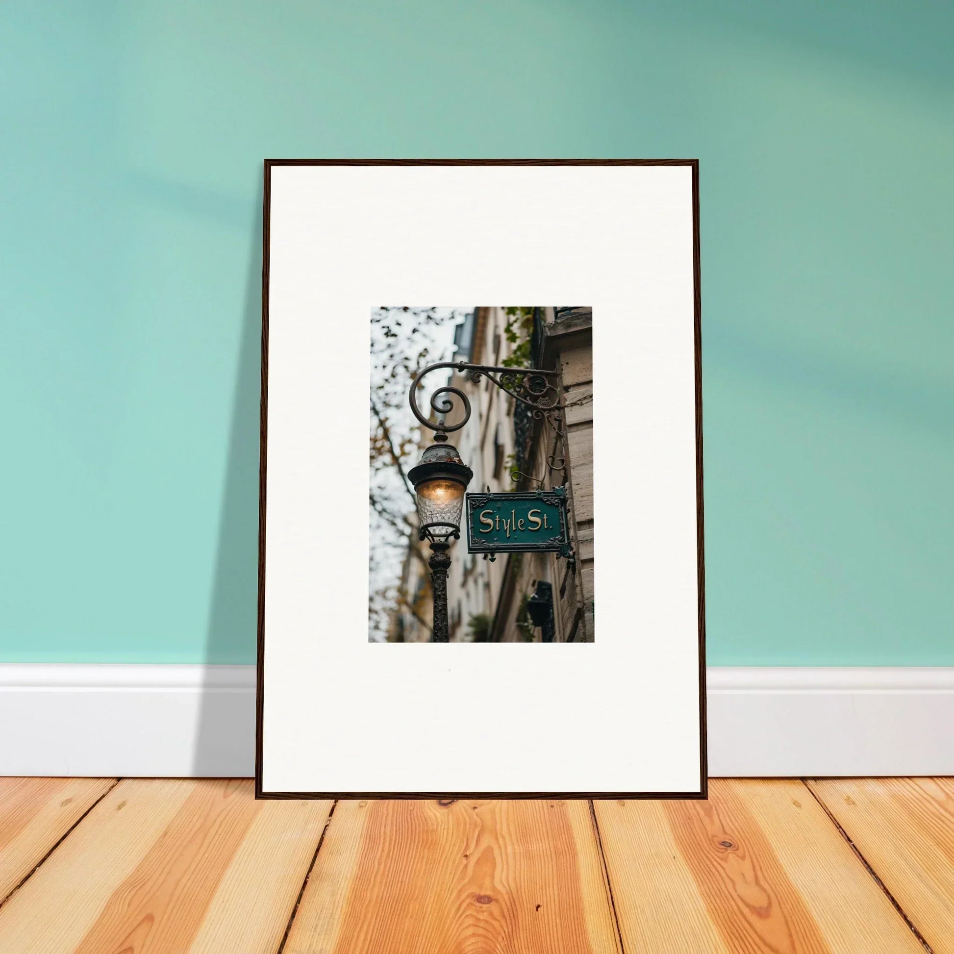 Framed photograph of a vintage street sign and lamp post for room decoration and street whispers