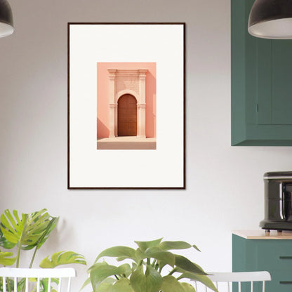 Premium framed wall art of pink archway and wooden door from Ethereal Sun Portal