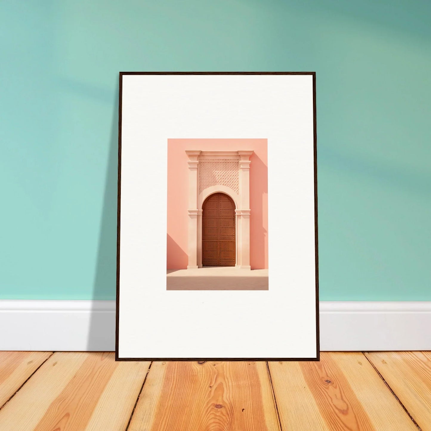 Framed art print of a pink doorway with columns in the Ethereal Sun Portal design