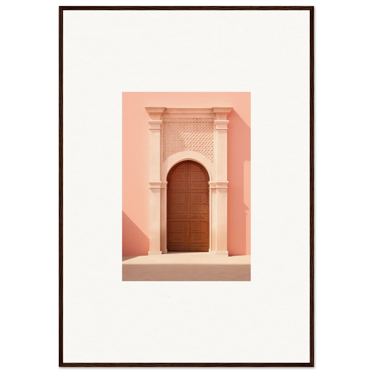 Ornate wooden door in a pink stone archway for the Ethereal Sun Portal art print