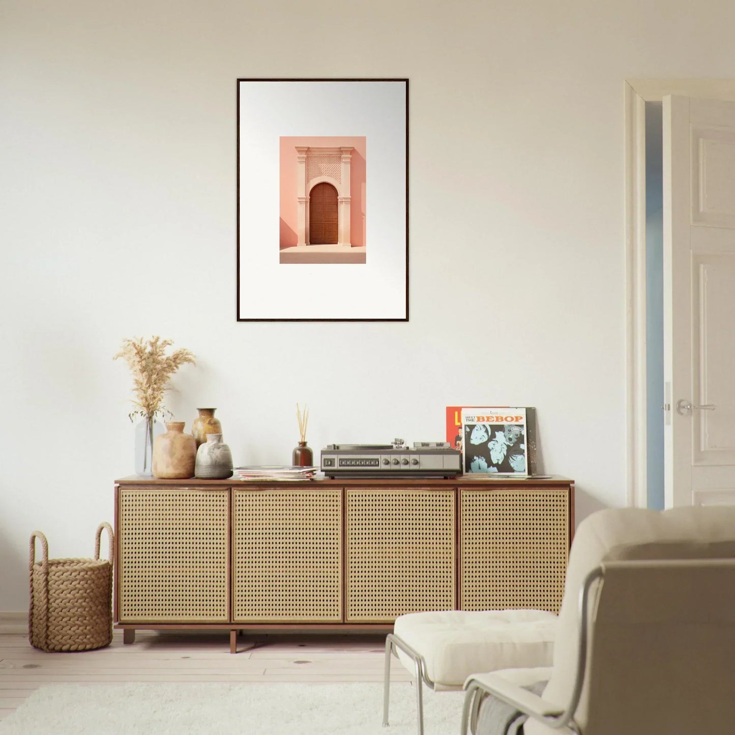 Rattan-fronted wooden credenza in the Ethereal Sun Portal special edition art design