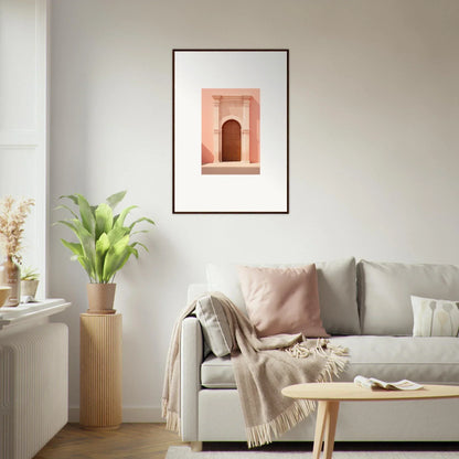 Framed pink architectural photo of an arched doorway in Ethereal Sun Portal art™