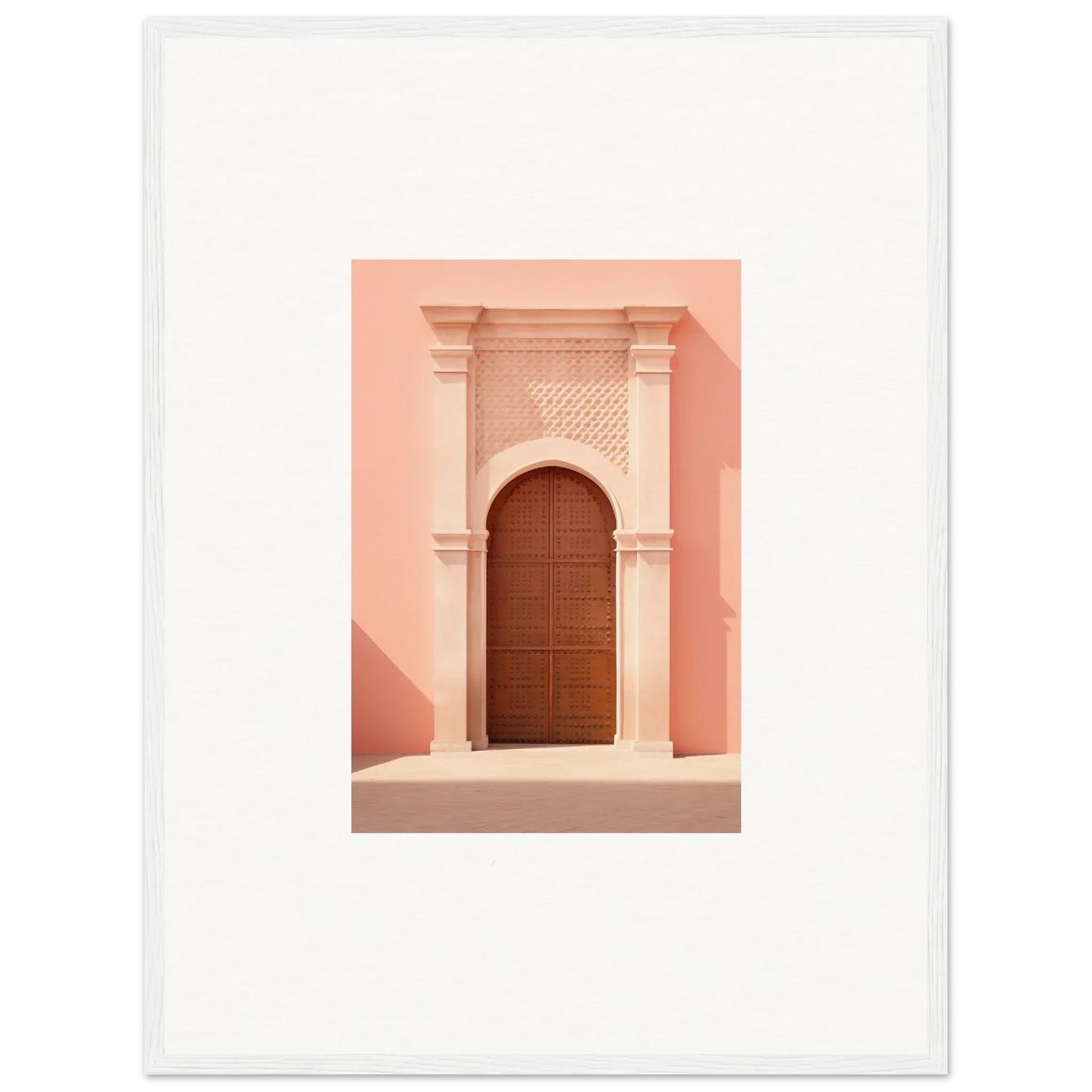 Wooden arched door with ornate stone columns on pink wall from Ethereal Sun Portal art