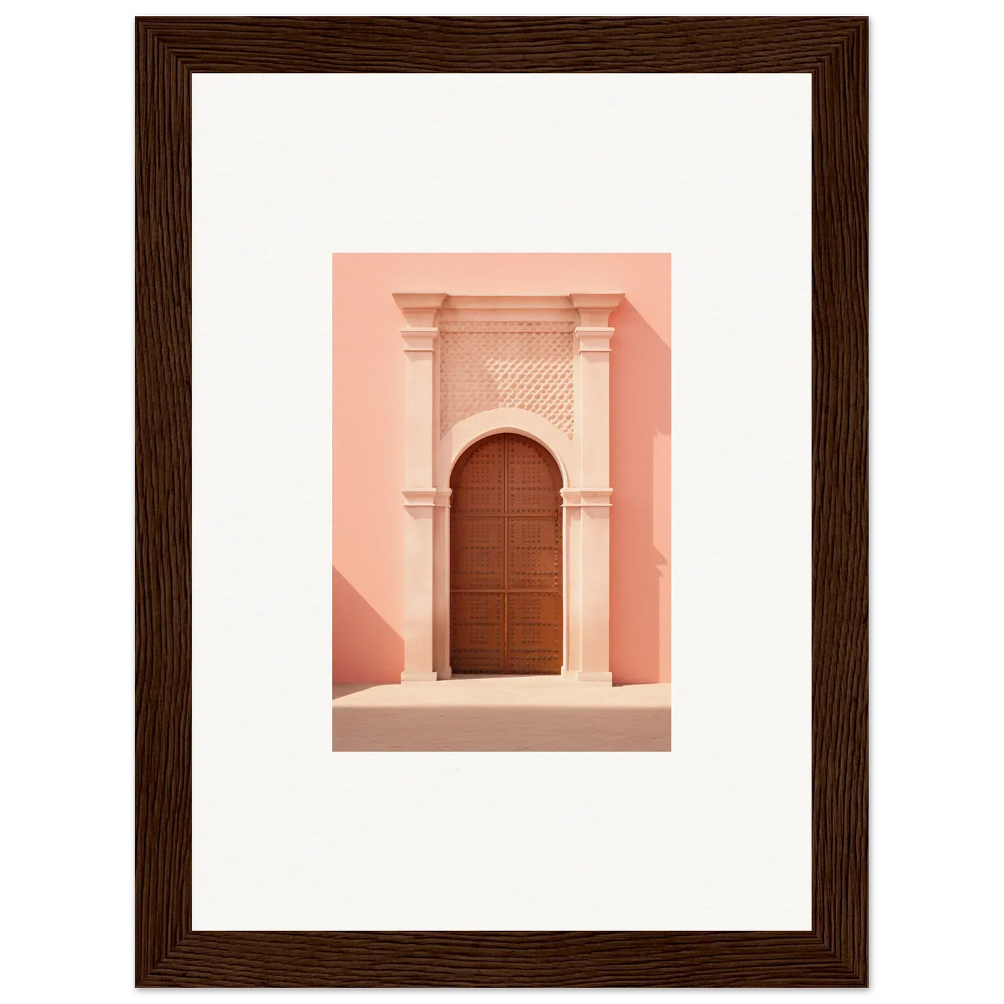 Wooden door in ornate pink stone archway, featured in Ethereal Sun Portal special edition art™