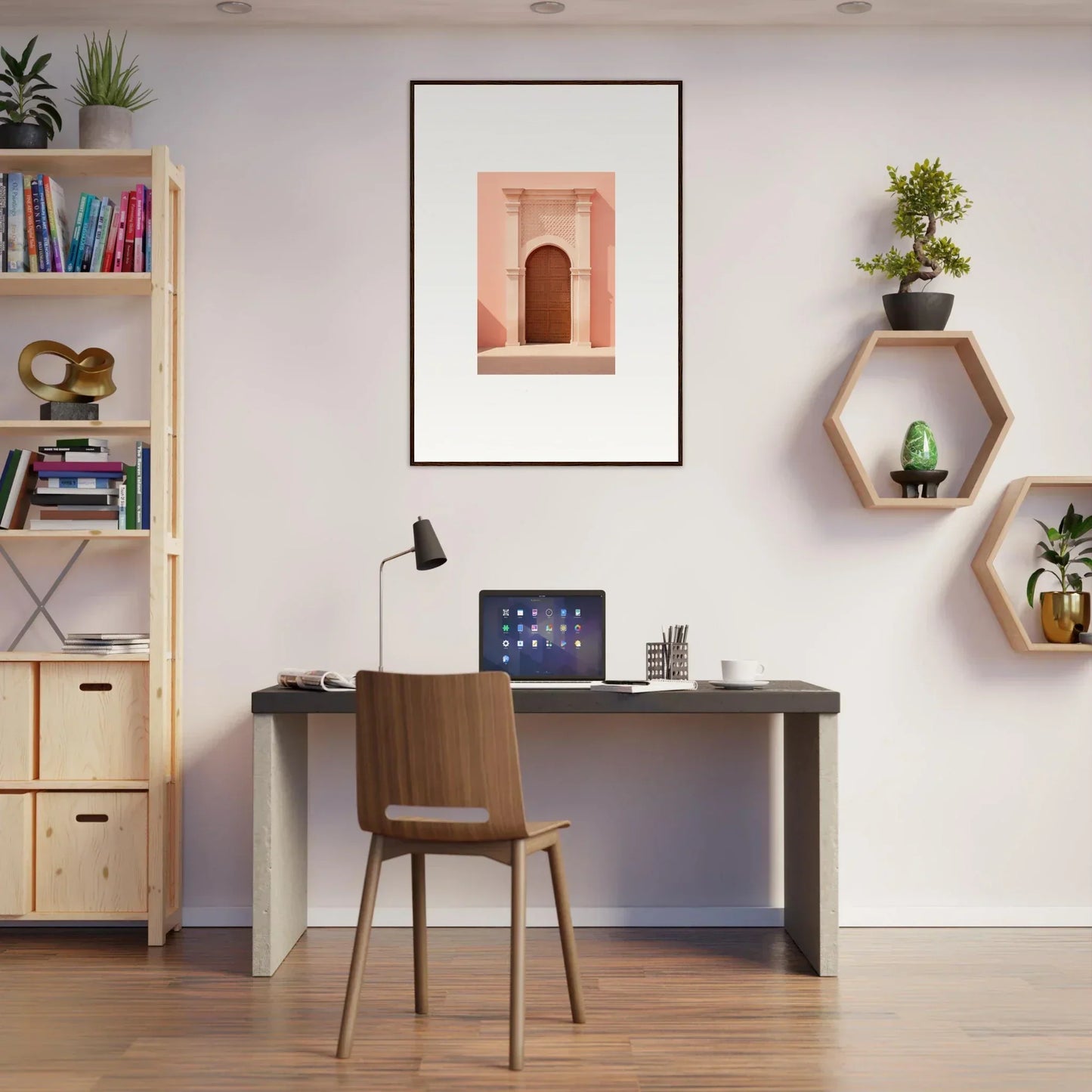 Modern home office with dark desk and wooden chair featuring Ethereal Sun Portal art