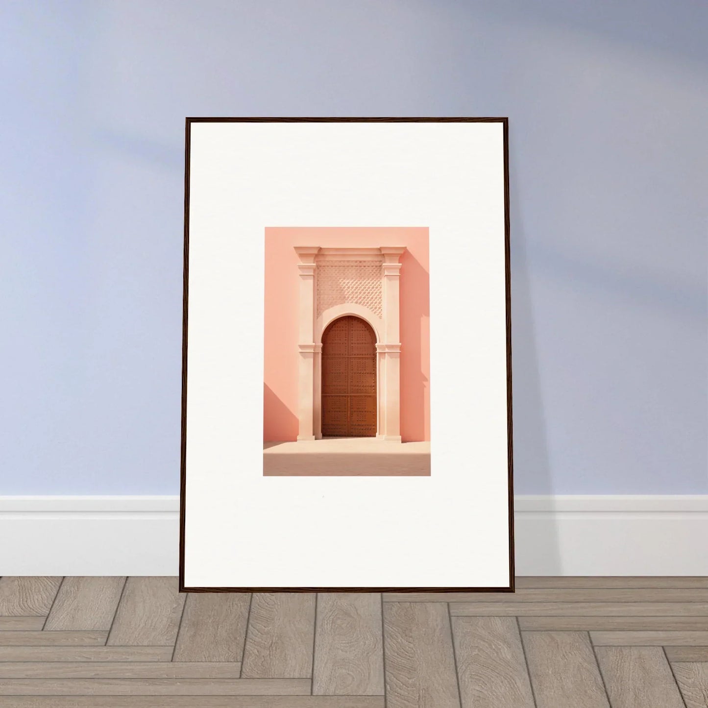 Ethereal Sun Portal framed art print of a pink archway with wooden door