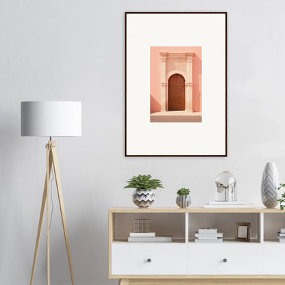 Framed art print of an Ethereal Sun Portal with a pink archway and wooden door