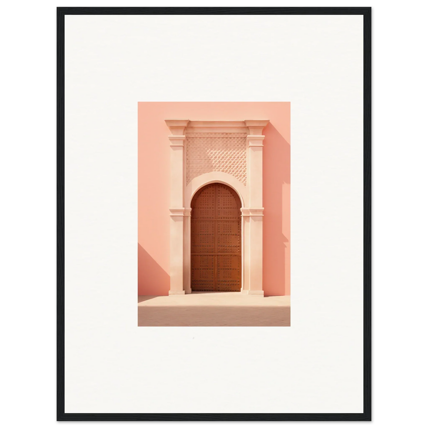 Ethereal Sun Portal art featuring a wooden arched door in ornate pink stone décor