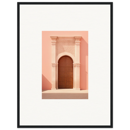 Ethereal Sun Portal art featuring a wooden arched door in ornate pink stone décor