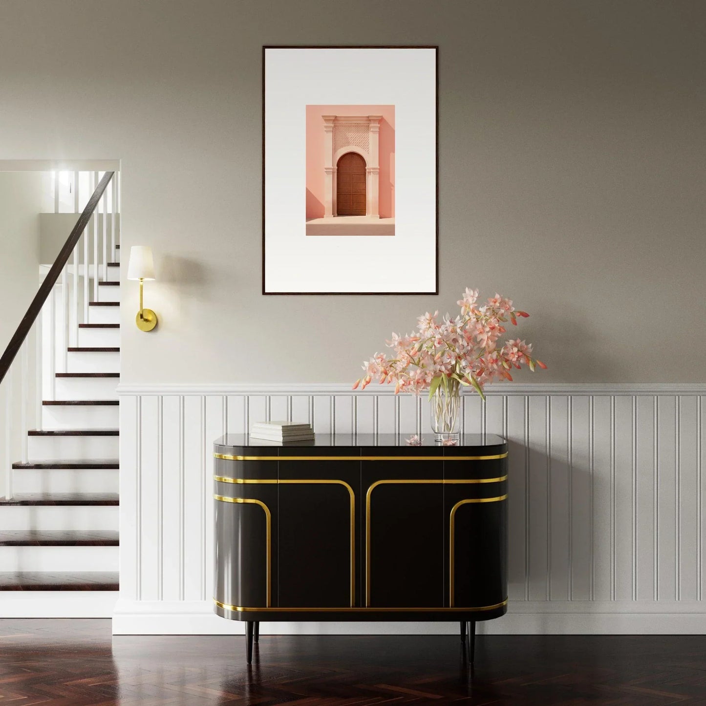 Art Deco black cabinet with gold trim, part of the Ethereal Sun Portal collection