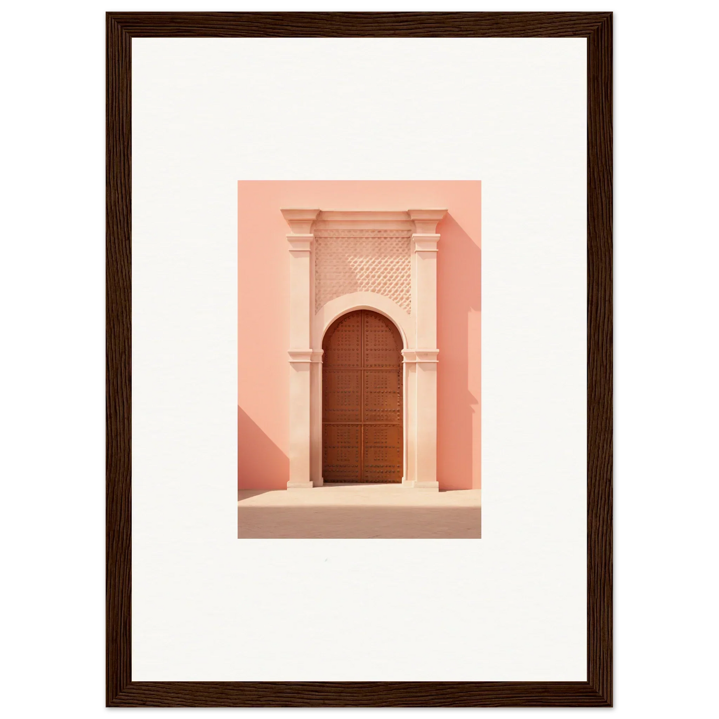 Ornate pink stone archway with a wooden door in the Ethereal Sun Portal design