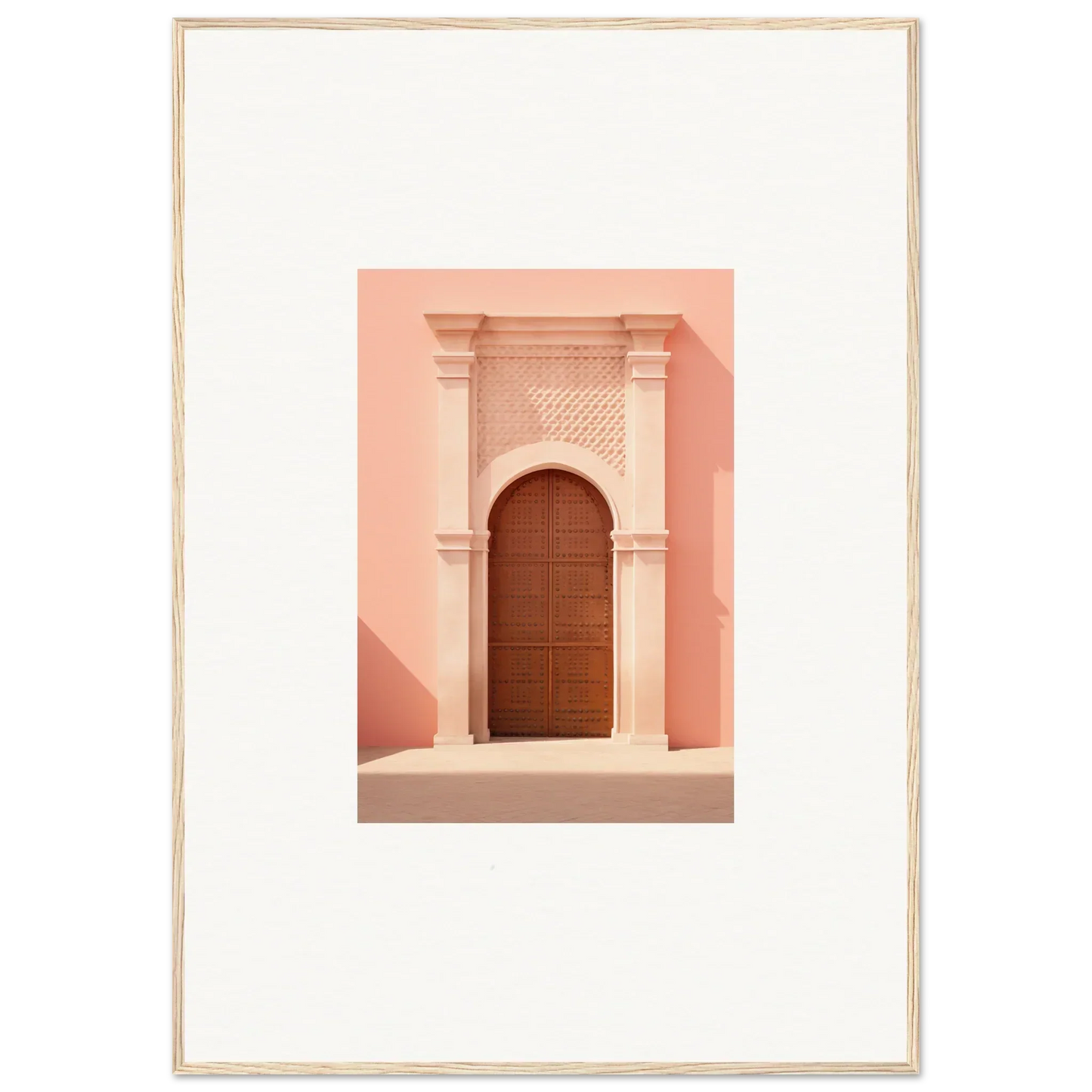 Wooden door with ornate arch in pink wall, part of Ethereal Sun Portal special edition art