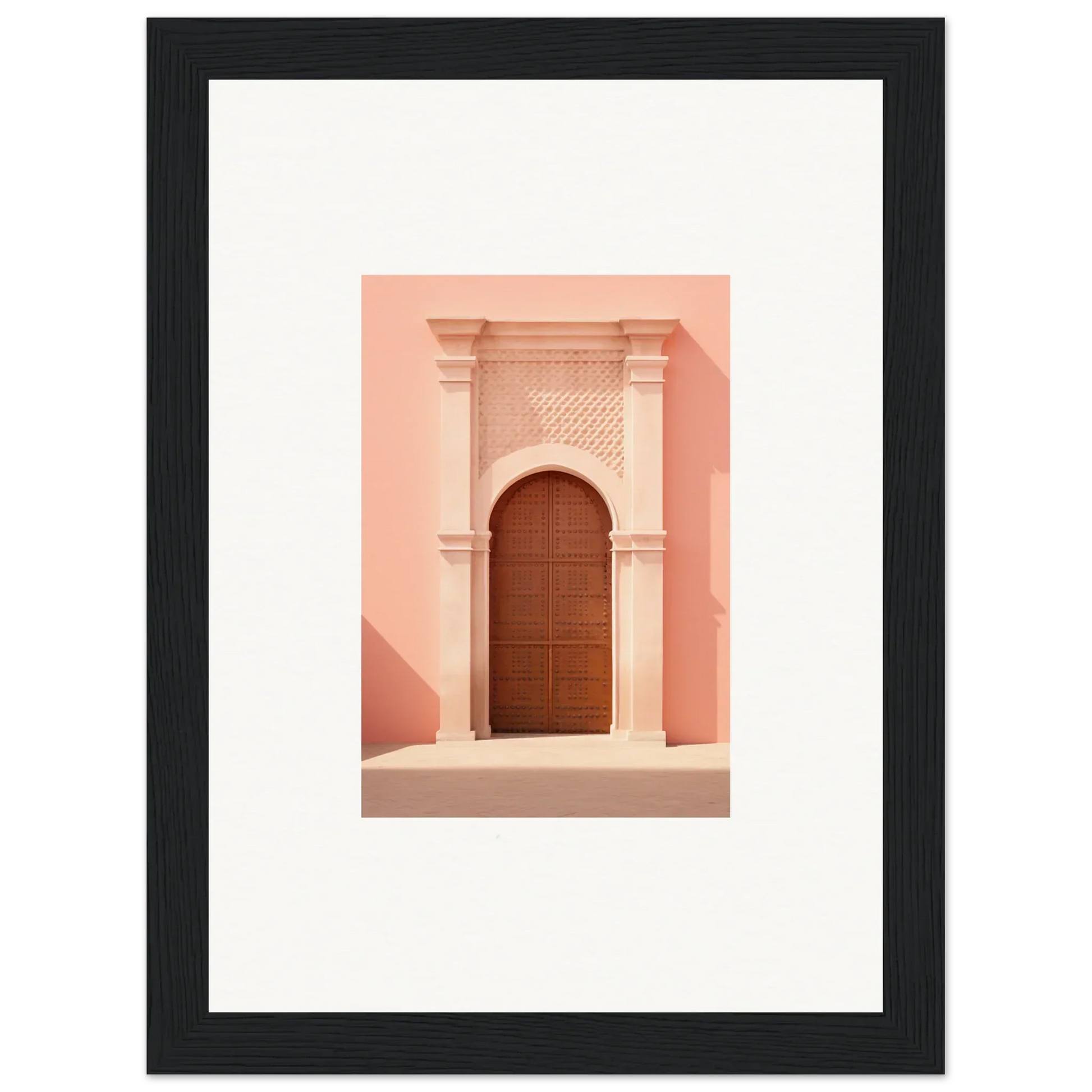 Ornate wooden door in pink stone archway, Ethereal Sun Portal premium framed wall art