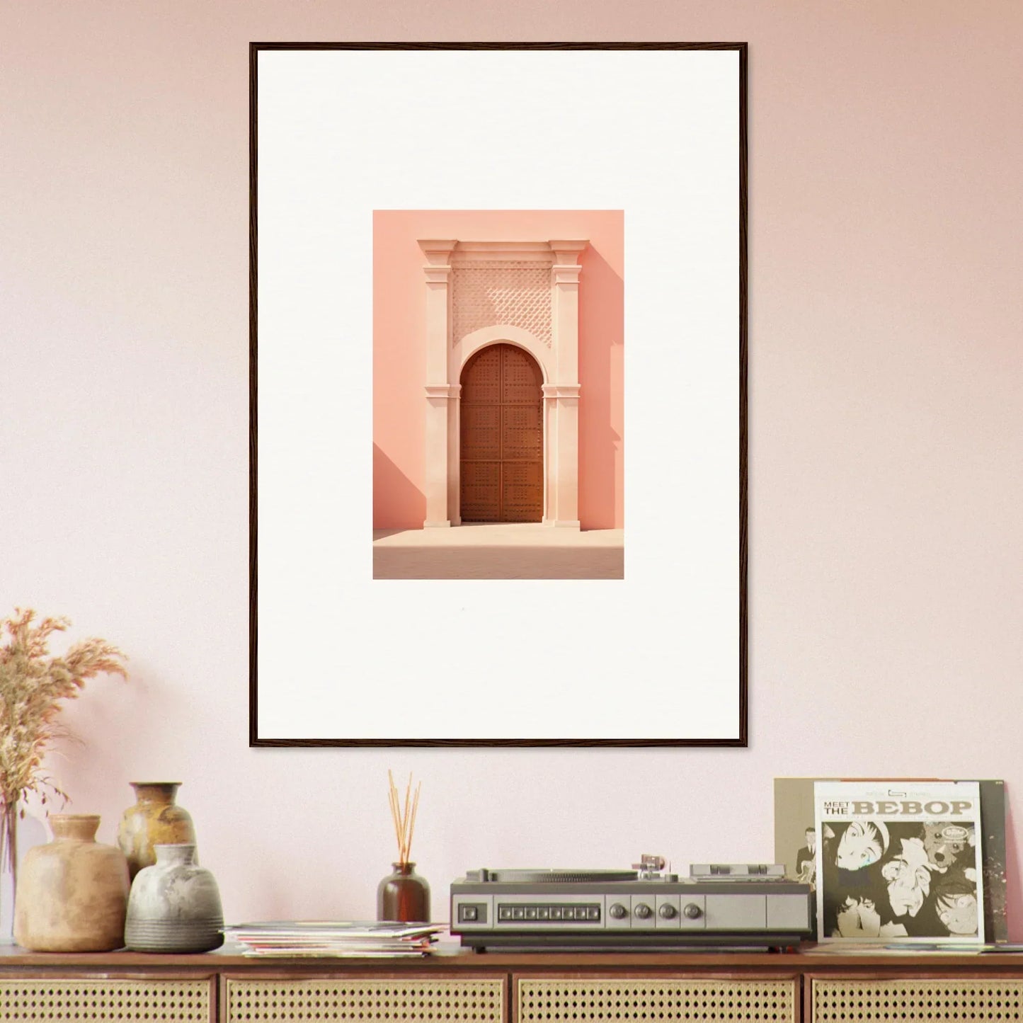 Framed art print of a pink archway with wooden door, Ethereal Sun Portal special edition