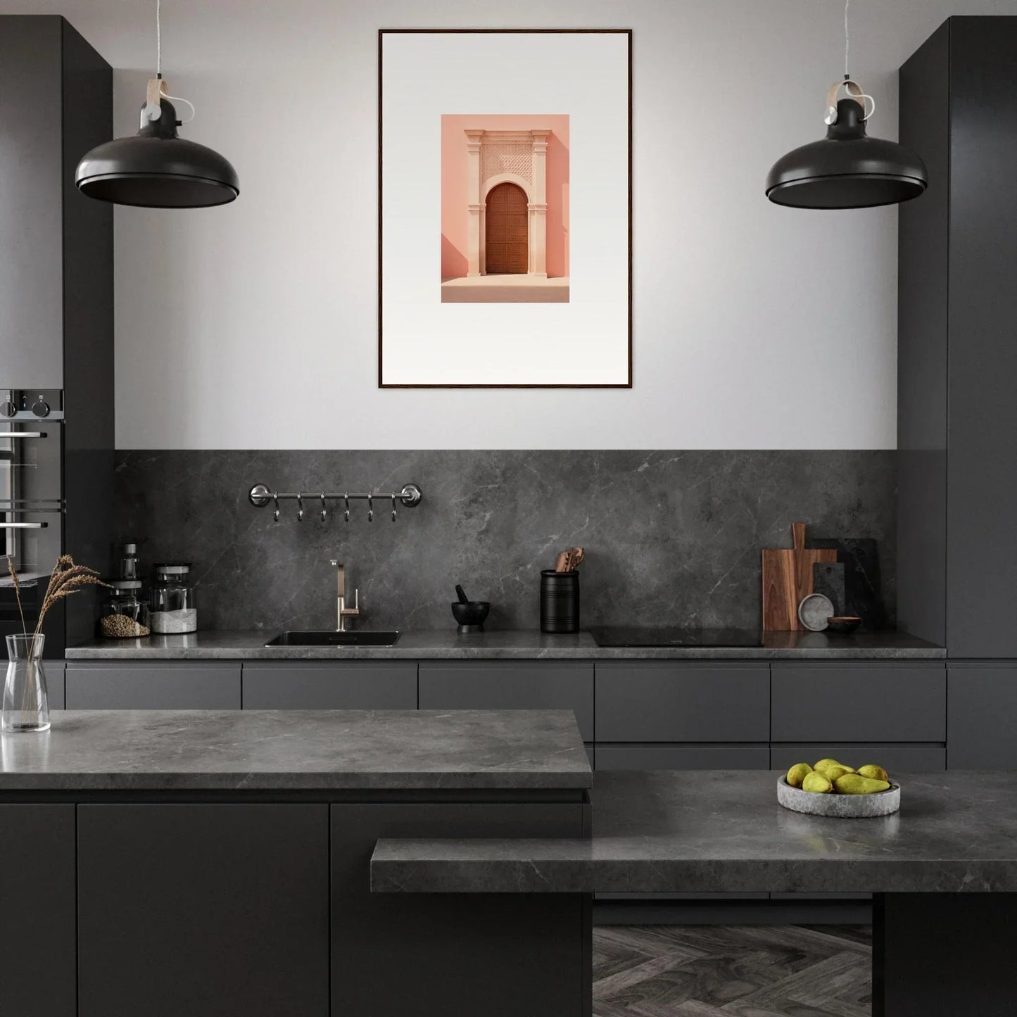 Modern dark gray kitchen featuring Ethereal Sun Portal special edition art™ with industrial lights