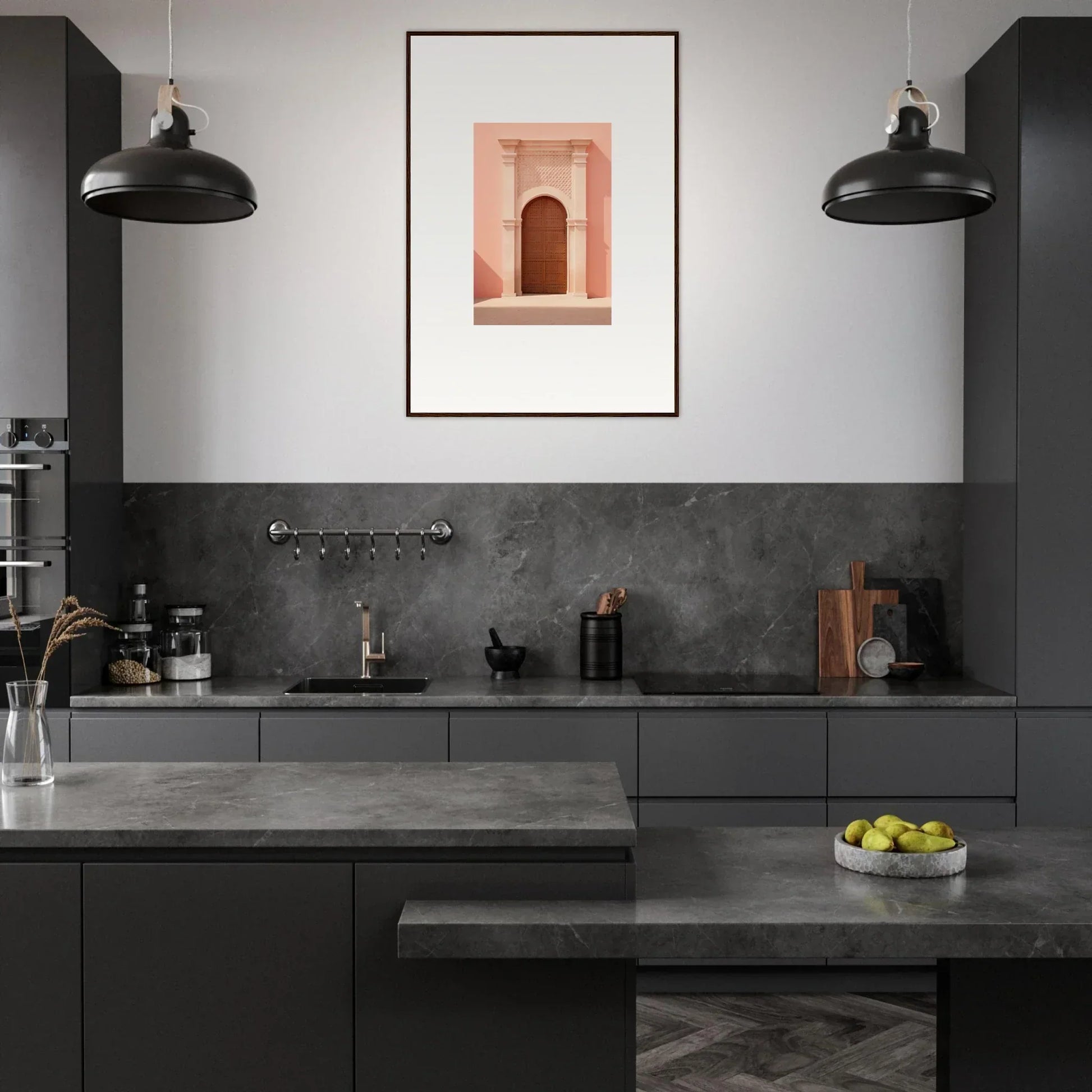 Modern dark gray kitchen featuring Ethereal Sun Portal special edition art™ with industrial lights