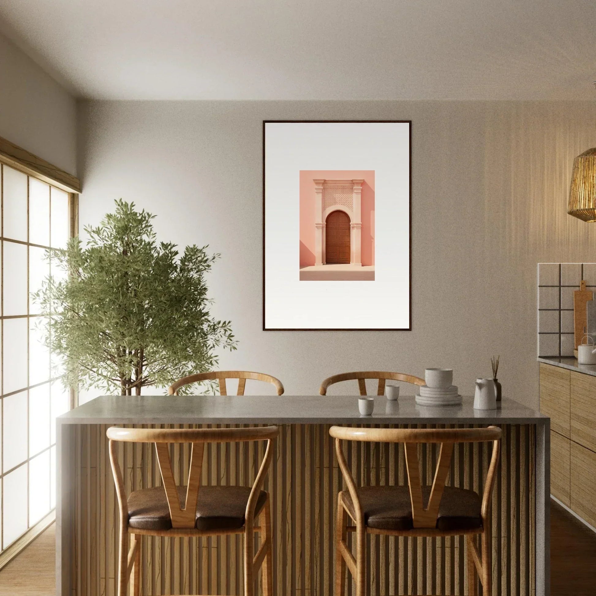 Minimalist dining table with wooden chairs and a potted tree near Ethereal Sun Portal