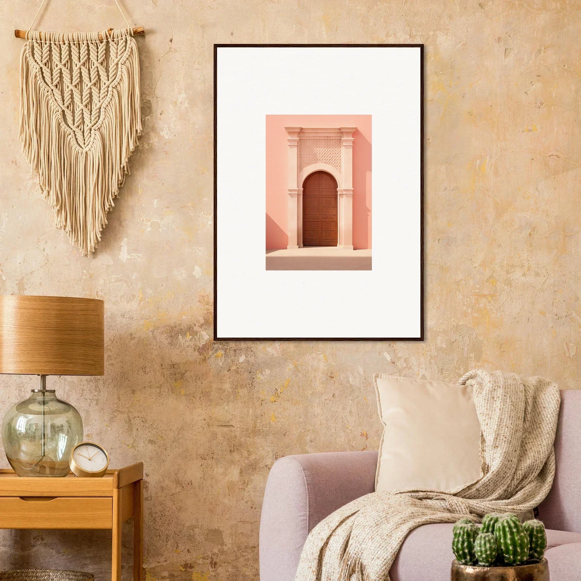 Framed photograph of a pink arched doorway in the Ethereal Sun Portal collection