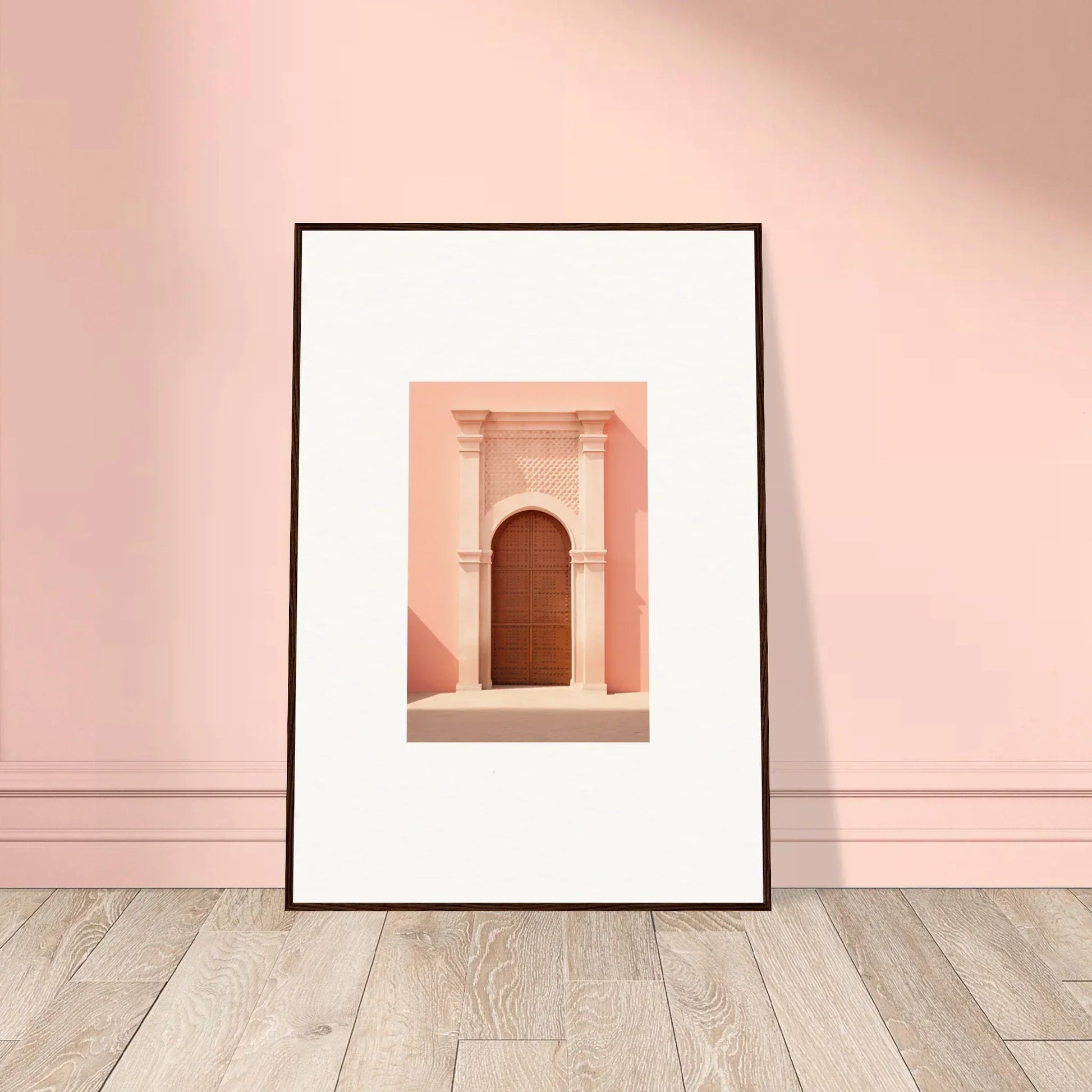 Framed art print of a pink archway with a door, part of the Ethereal Sun Portal collection