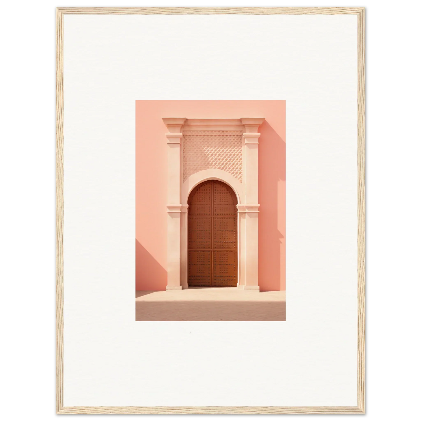 Wooden arched door in ornate columns, perfect for Ethereal Sun Portal art piece