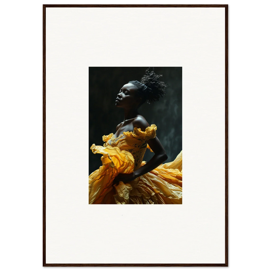 Photograph of a person with dark skin wearing a flowing yellow garment, looking upward dramatically.