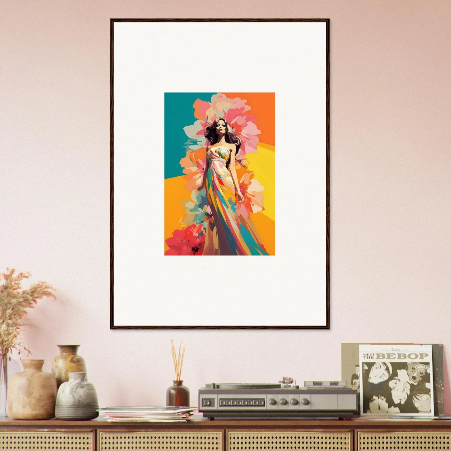 Framed wall art of a woman in a flowing dress with floral elements, vibrant room decor