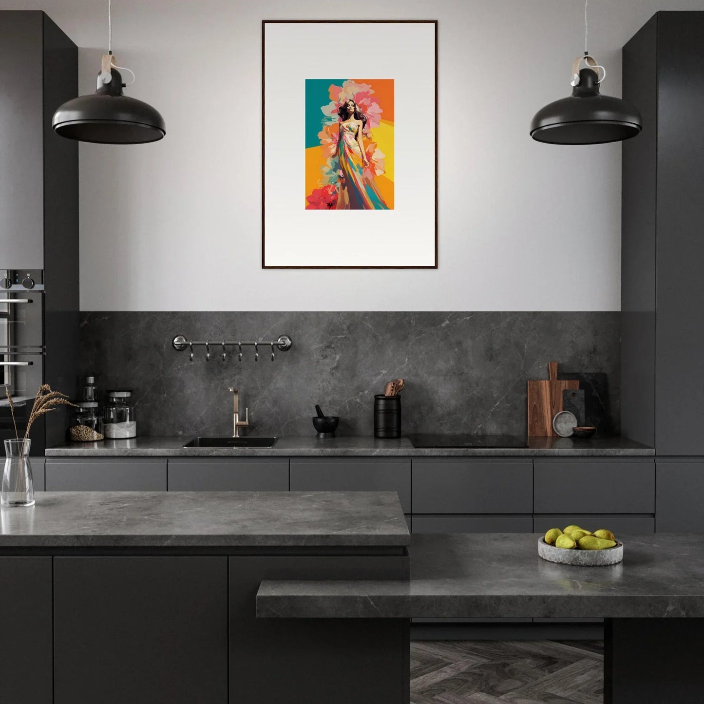 Modern dark kitchen with colorful abstract canvas print as stunning room decor feature