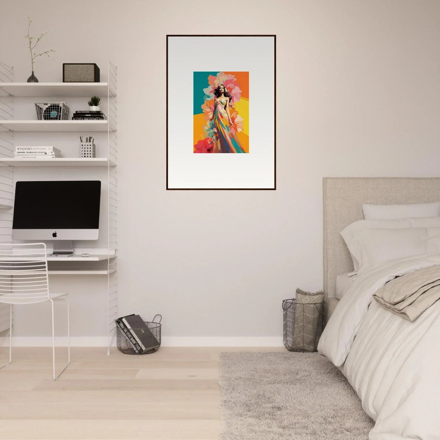 Colorful framed wall art of a figure with a camera, perfect for room decor