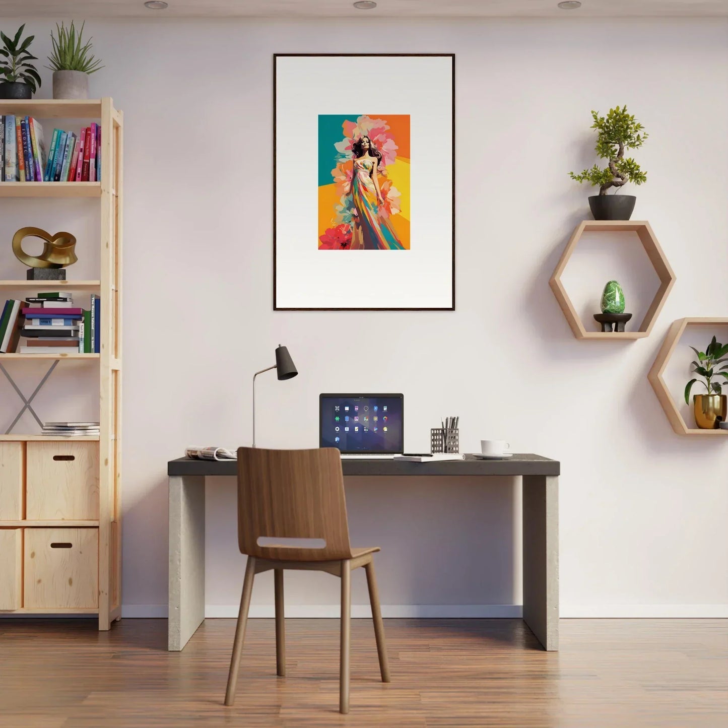 Modern home office workspace with desk, chair, and framed wall art for stylish room decor