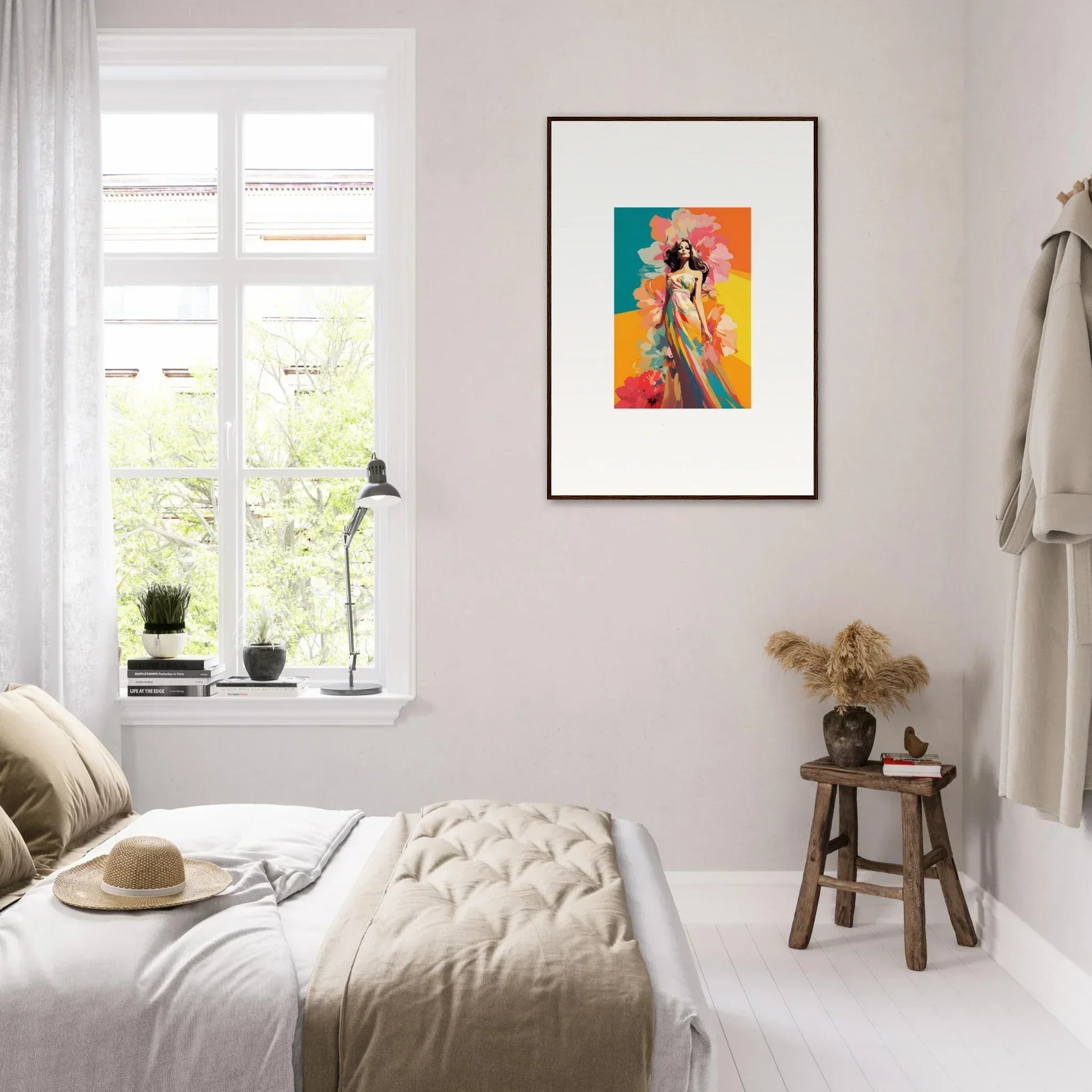 Bright framed wall art of a figure on a colorful abstract background for room decor