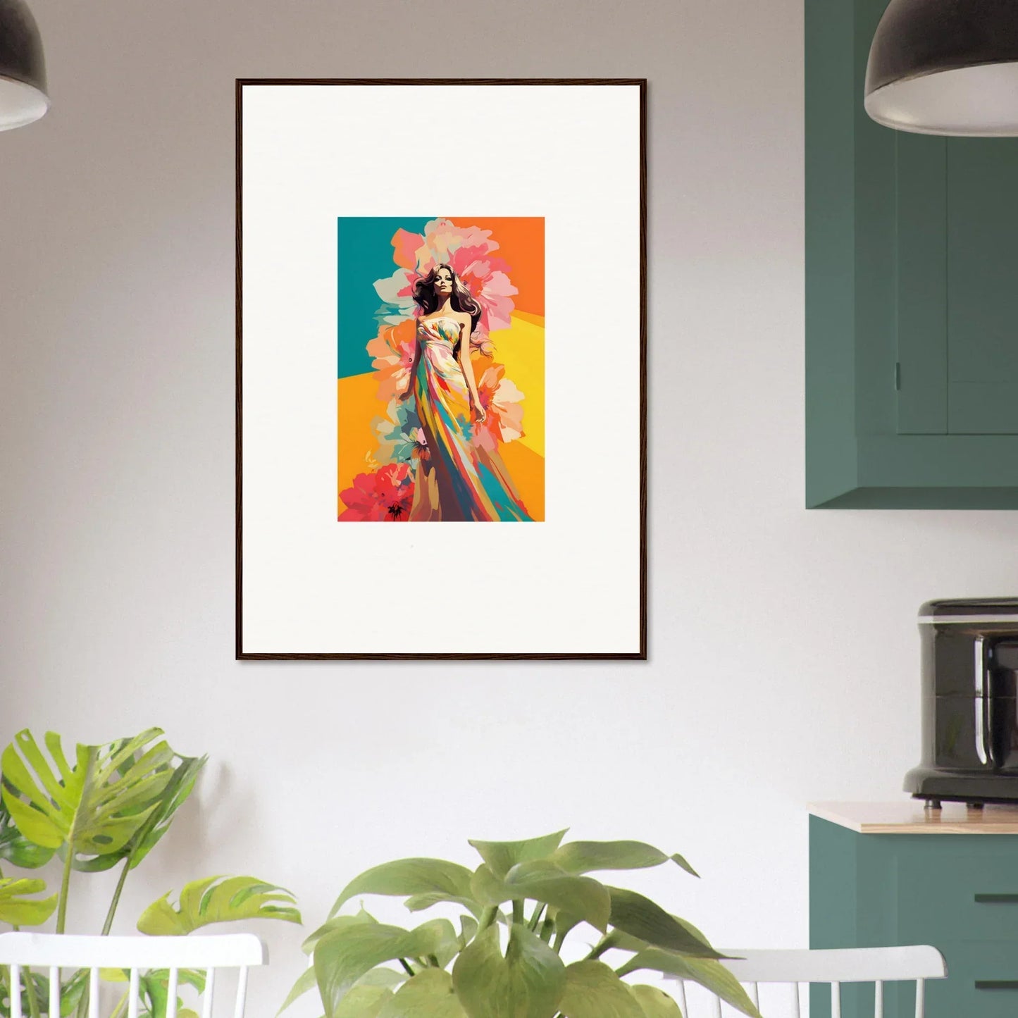 Framed wall art of colorful abstract female figure with floral elements for room decor