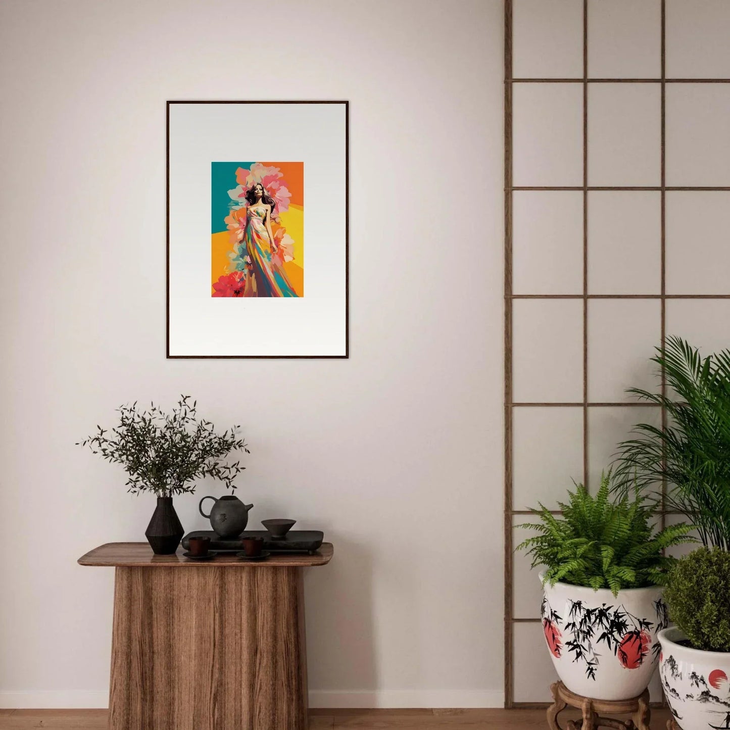 Framed wall art featuring a colorful portrait of a person with a camera for room decor