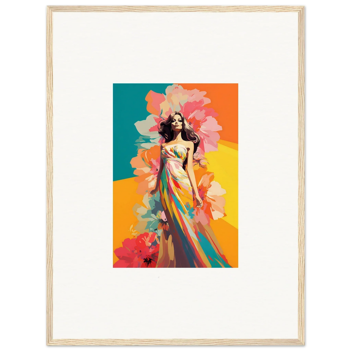 Colorful framed wall art of a woman in a flowing dress with vibrant flowers for room decor