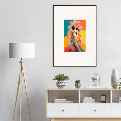 Framed wall art of a colorful stylized figure for vibrant room decor