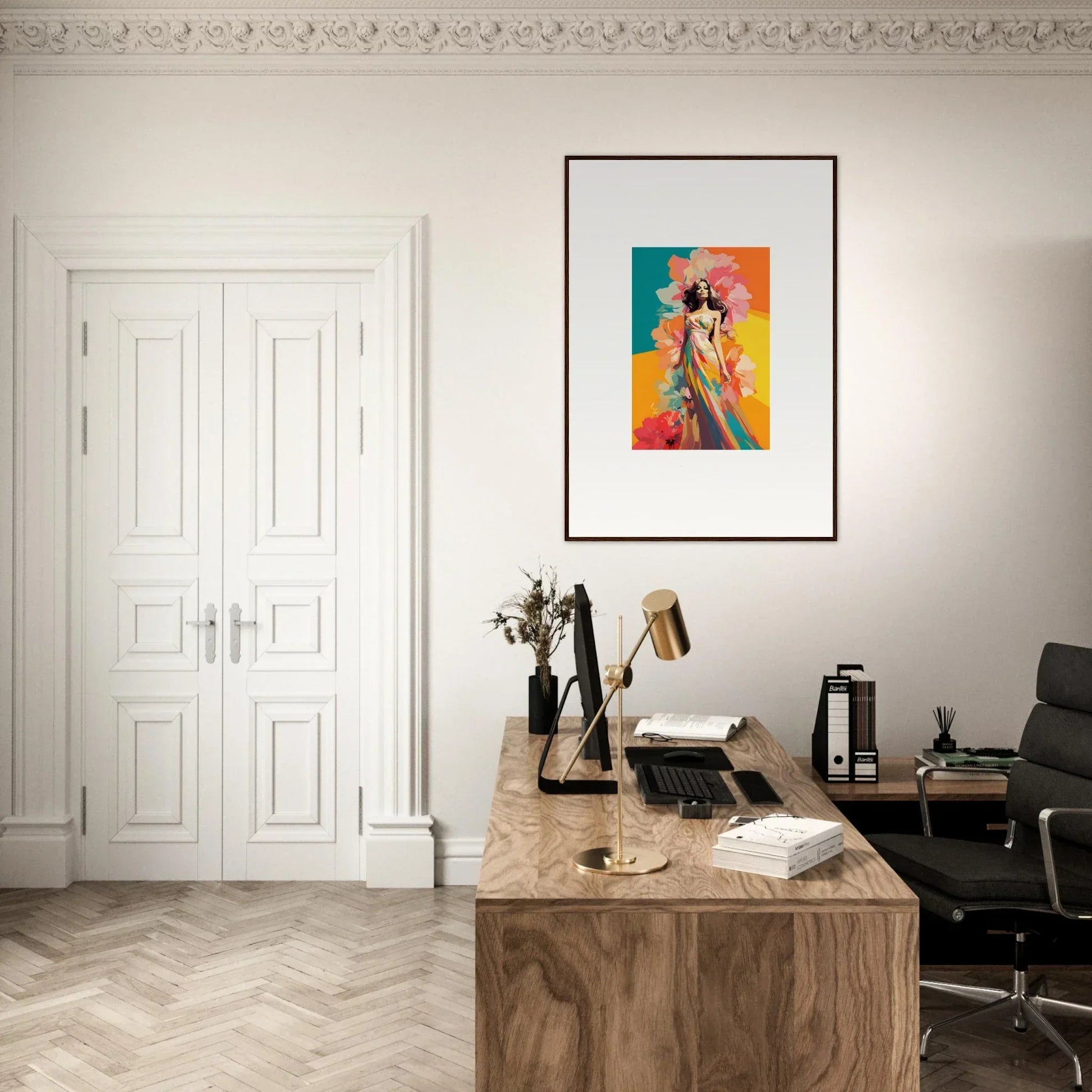 Elegant home office with wooden desk, vintage typewriter, and colorful framed wall art