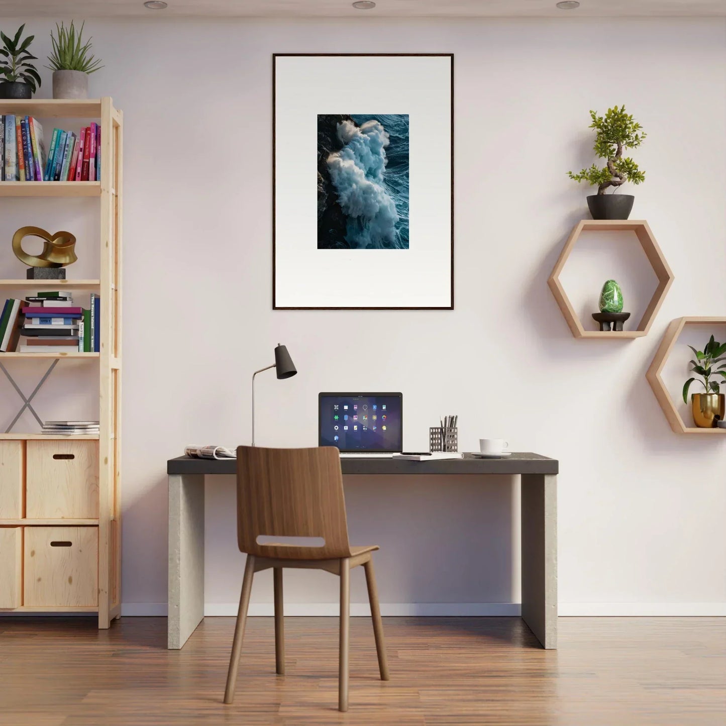 Home office workspace featuring stylish desk and wall art for cozy room decoration