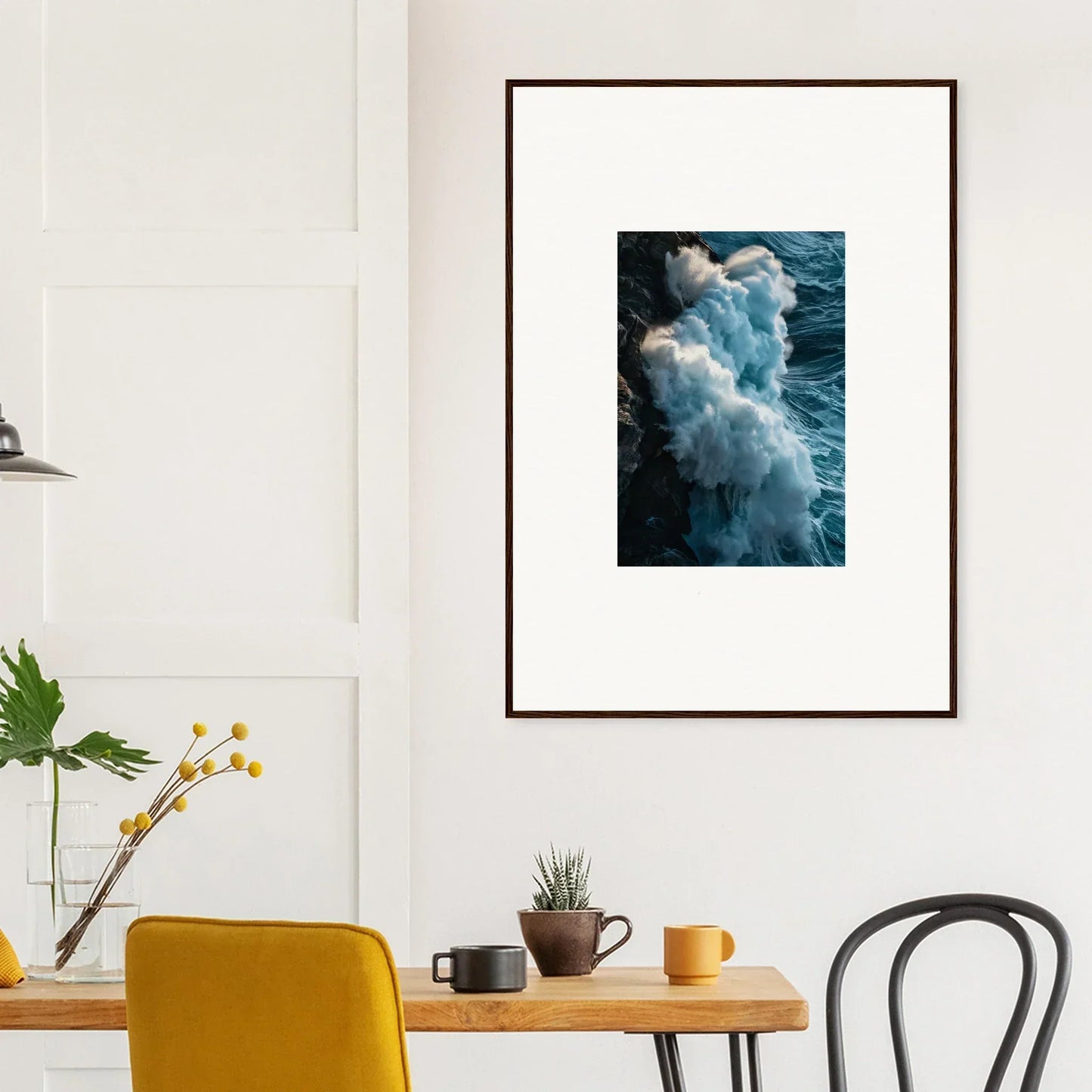 Framed wall art of crashing ocean waves, perfect for room decoration or canvas print