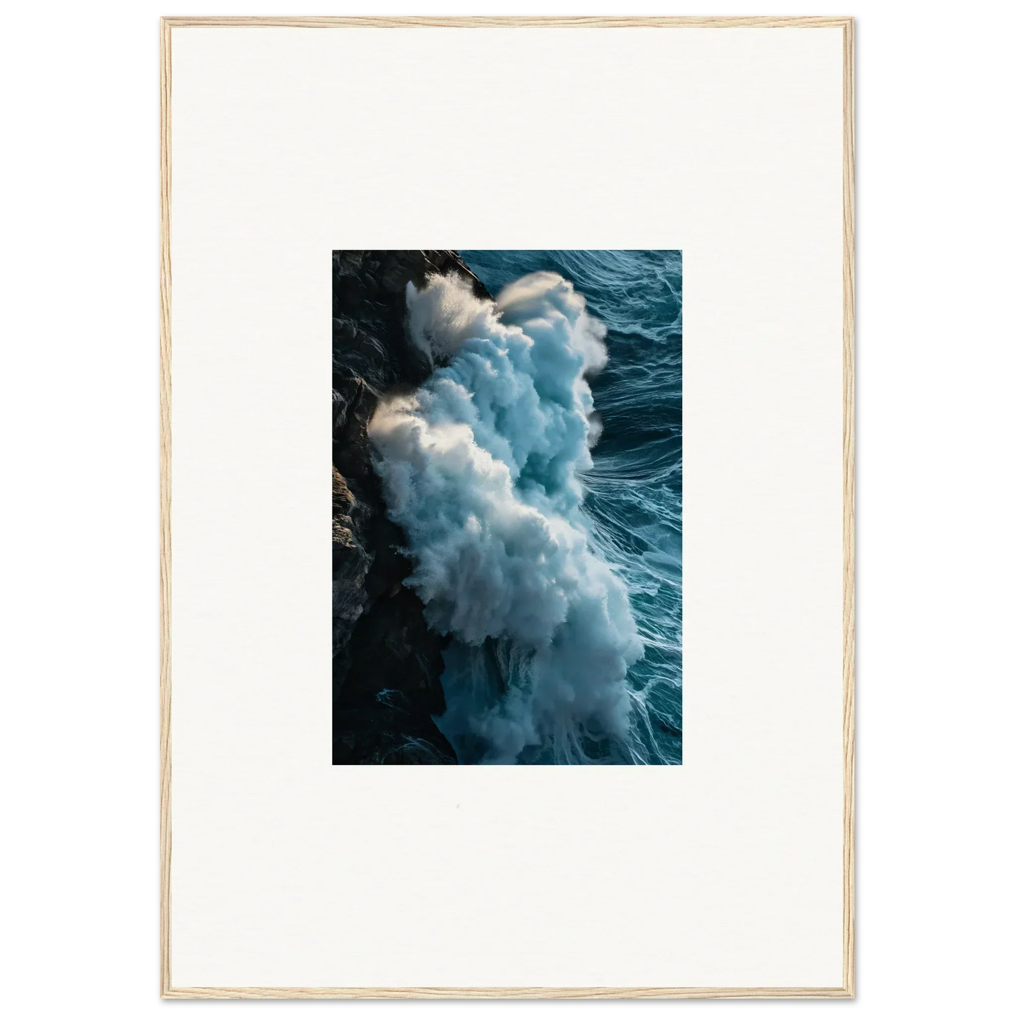 Powerful ocean wave crashing on rocks; perfect canvas print for wall art and room decoration