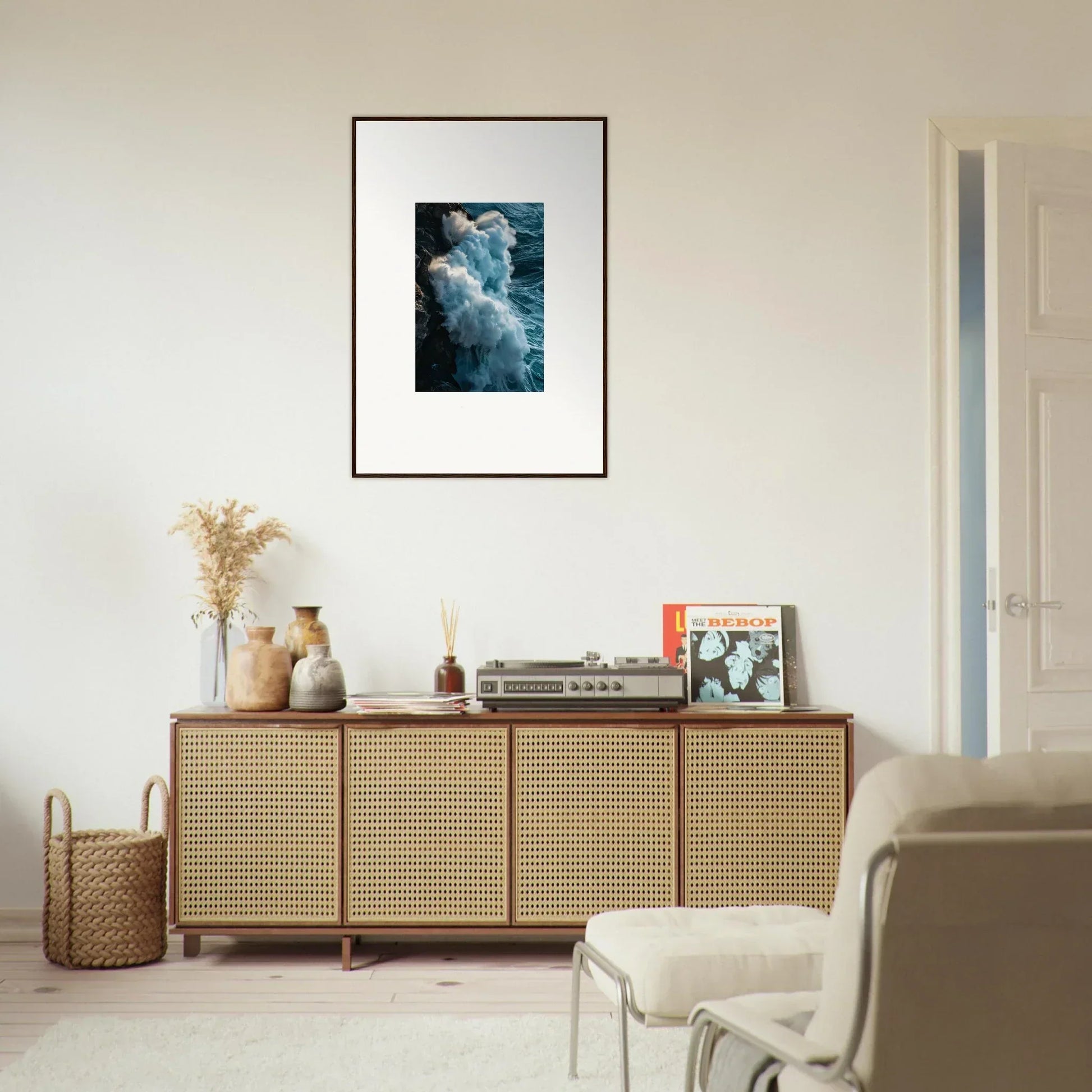 Wooden sideboard with cane-webbed doors, perfect for room decoration with canvas print