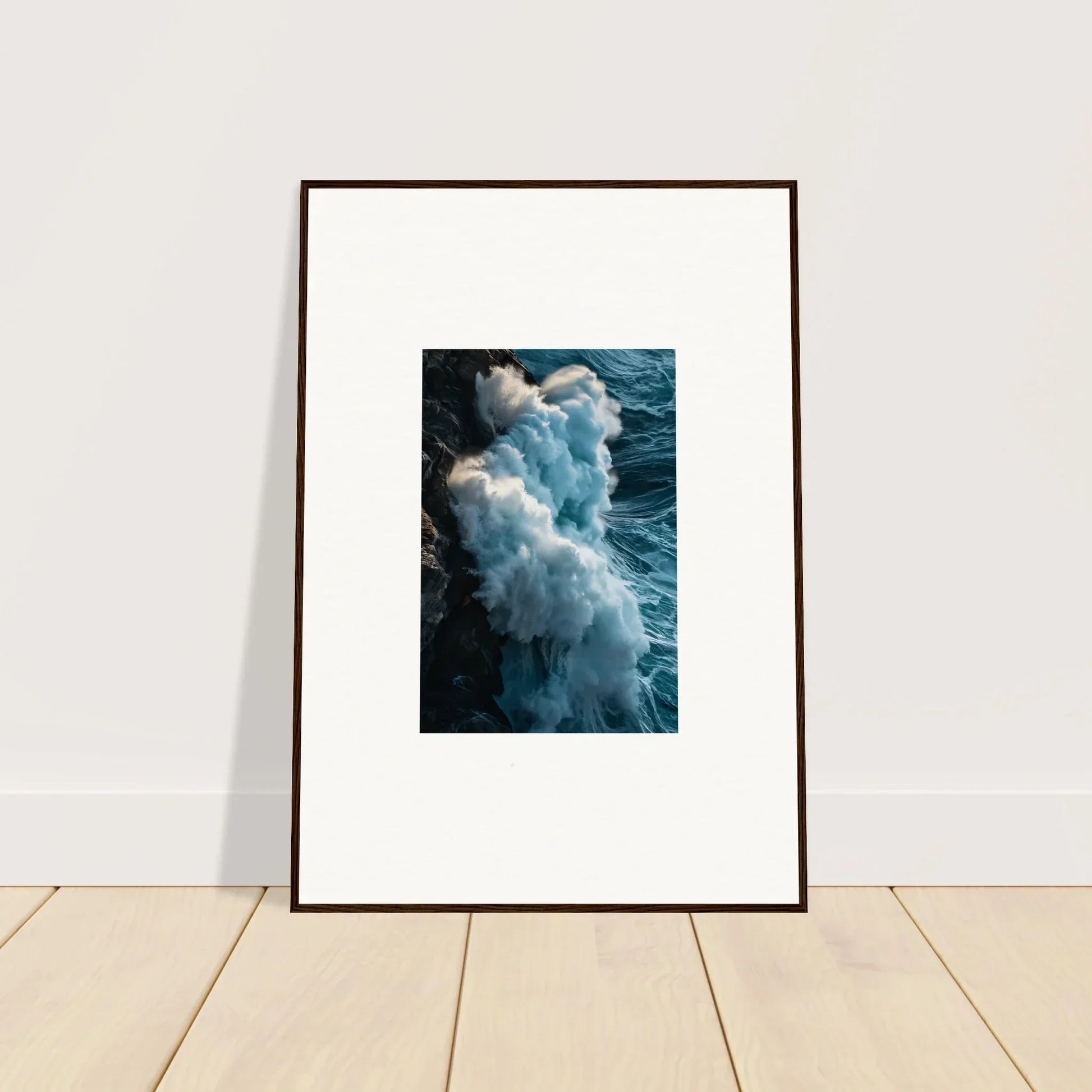 Framed wall art of a crashing ocean wave, perfect for stylish room decoration