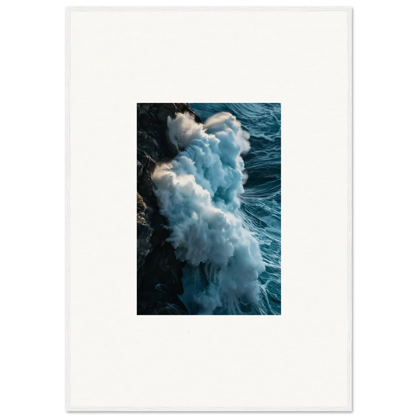 Dramatic ocean wave crashing on rocks, perfect for room decoration or wall art