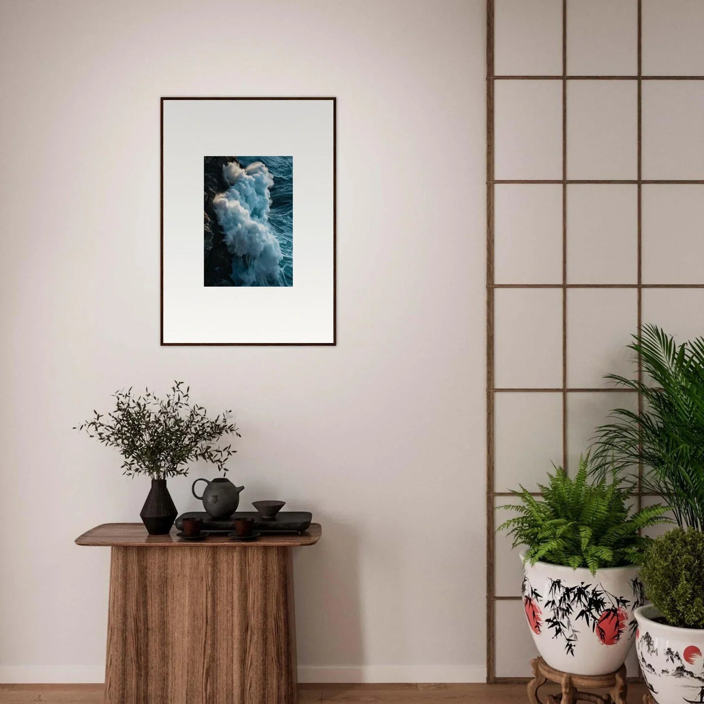 Framed wall art of turbulent ocean waves in blue and white for stunning room decoration