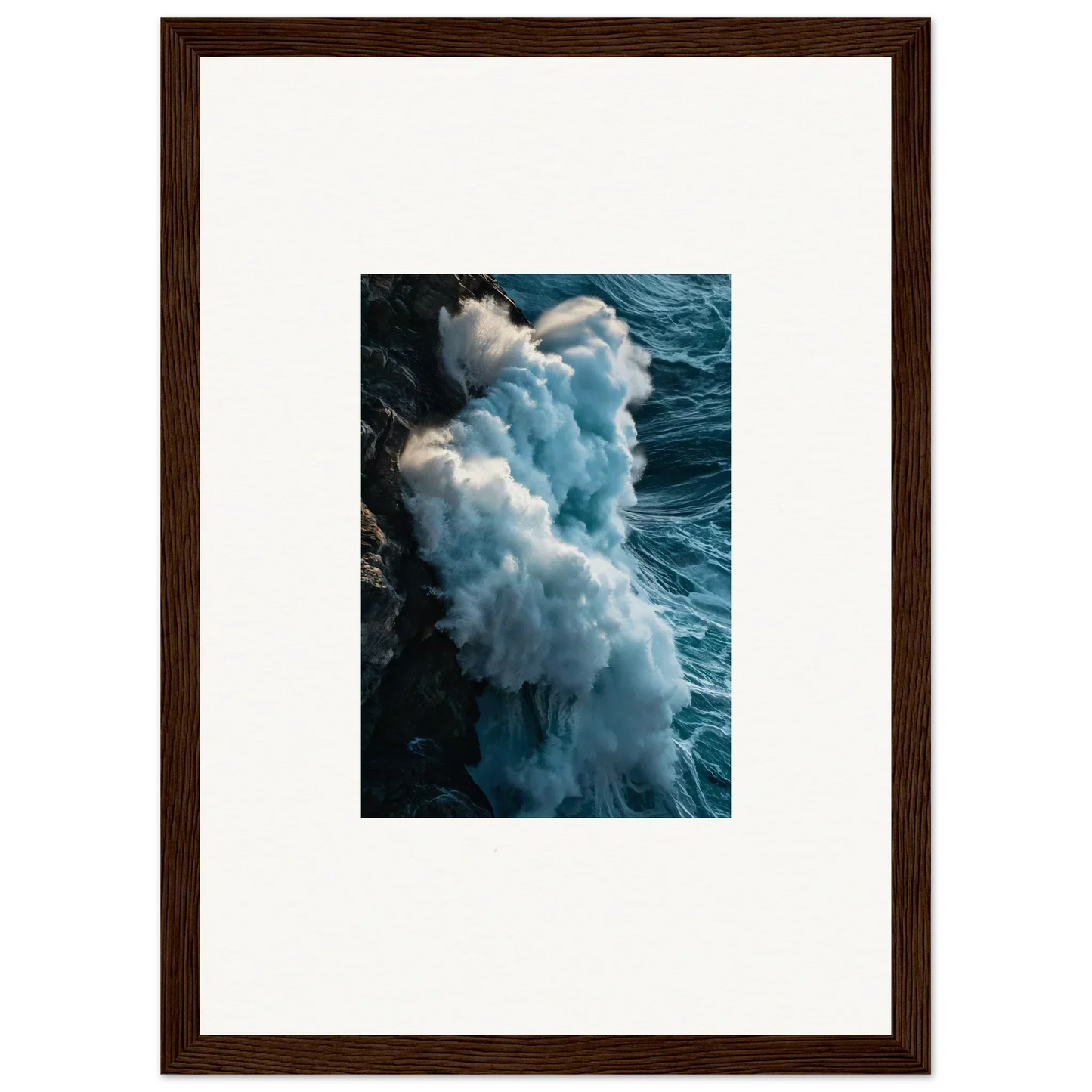 Powerful ocean wave crashing into dark blue water, perfect for wall art or room decoration