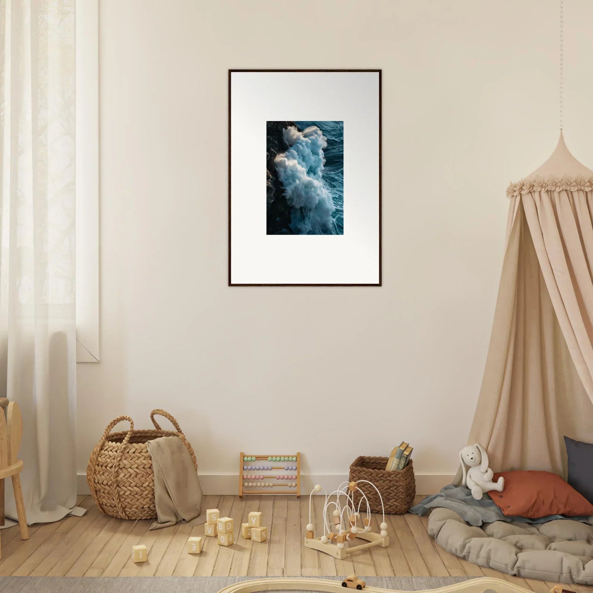 Framed wall art of crashing waves, perfect for room decoration or canvas print lovers