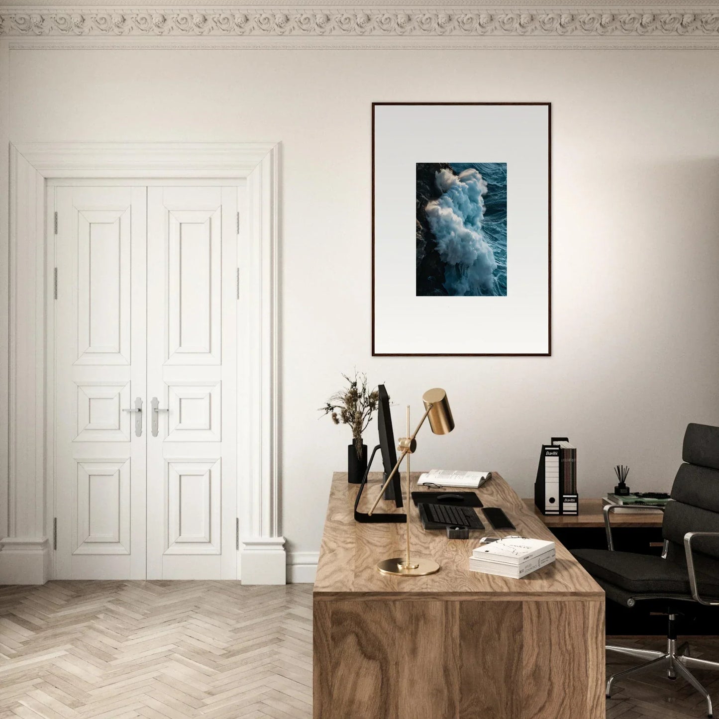 Wooden desk with typewriter and books in a minimalist workspace for room decoration