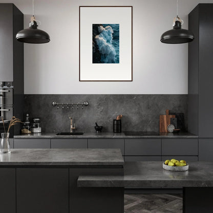 Modern kitchen with dark cabinetry and Ethereal Surf’s Elegy wall art for perfect room decoration