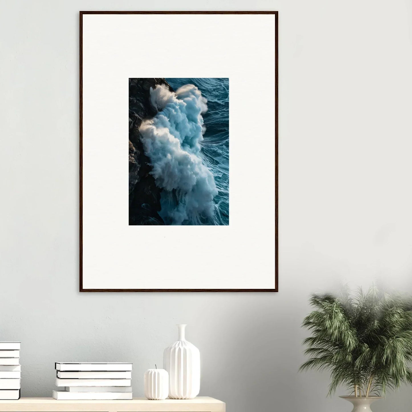 Framed photograph of a crashing wave, perfect wall art for room decoration