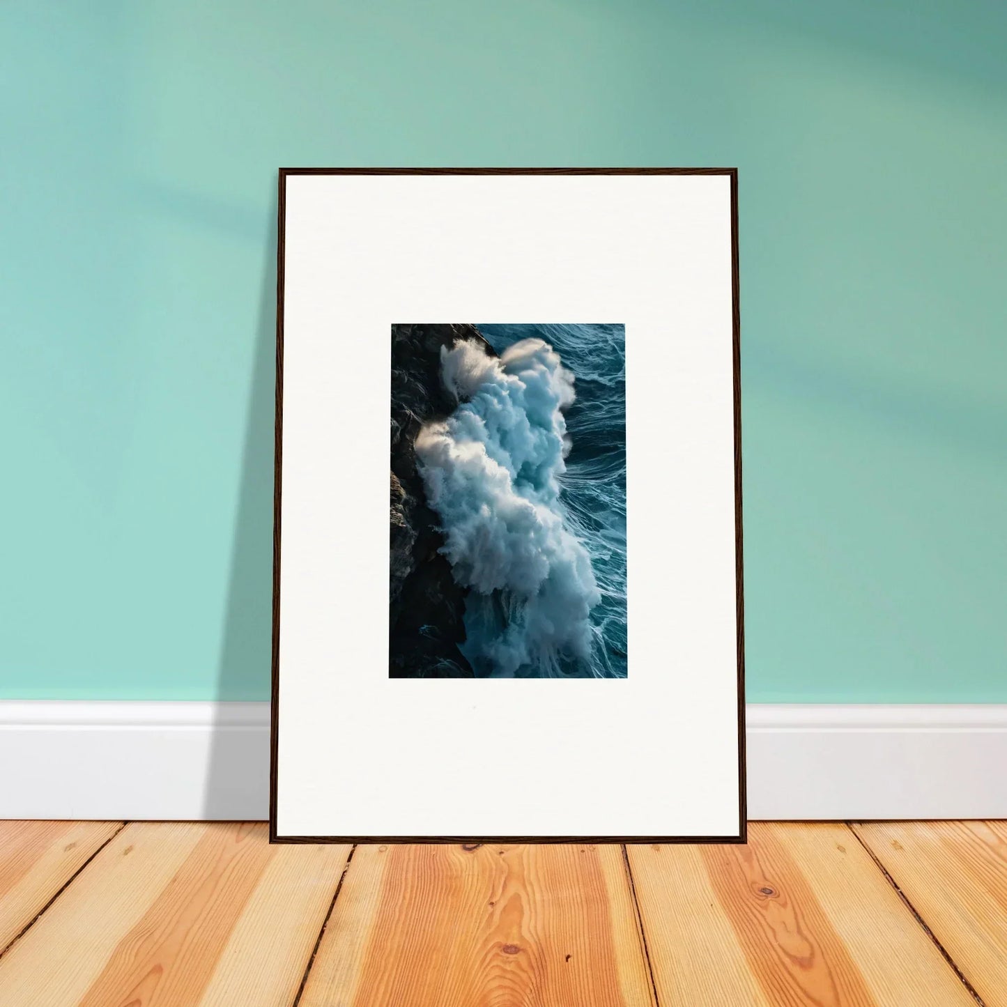 Framed photograph of a crashing ocean wave for stunning wall art and room decoration