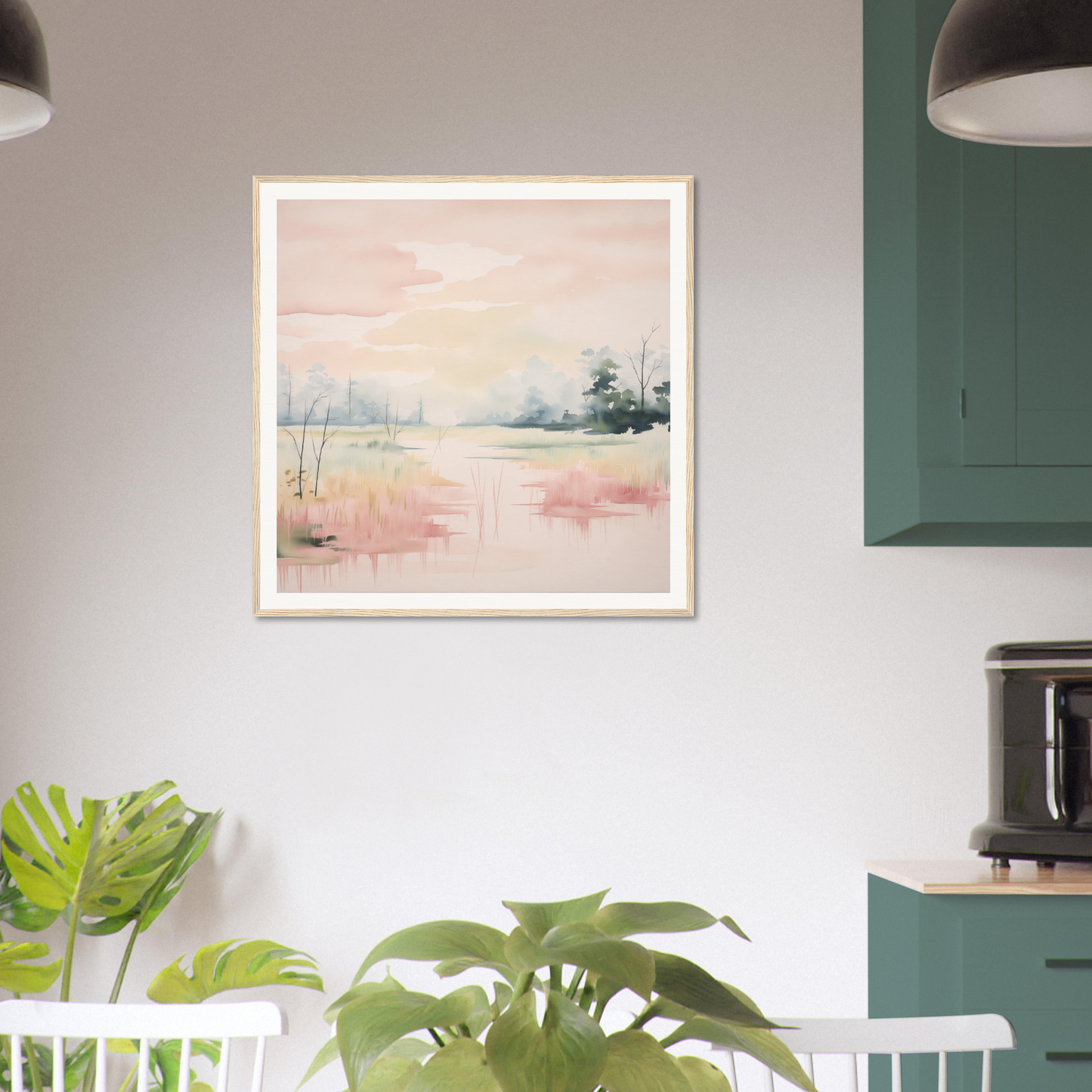 Framed pastel landscape painting in soft pink and blue hues for Ethereal Swamp Symphony